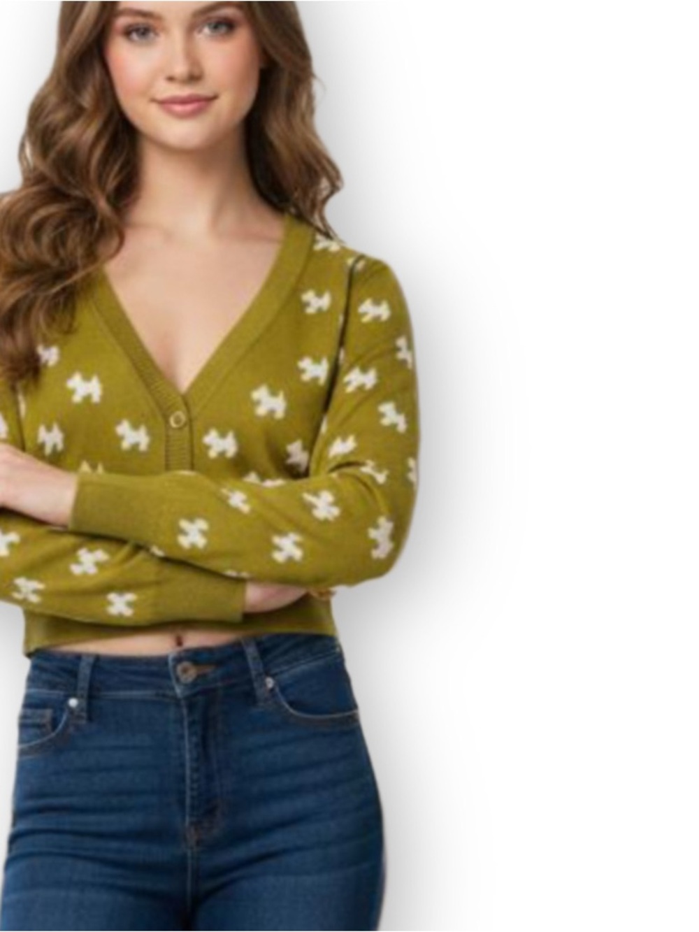 Ye MAK Small Cropped Avocado Dog 3/4 Sleeve Cotton Knit Cardigan Sweater - Picture 6 of 9